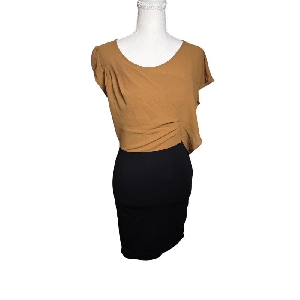 Cache Women’s Colorblock Draped Ruffle Sheath Dress Medium Tan Black